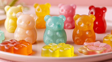 Colorful assortment of cute gummy bear and jelly candy on a plate
