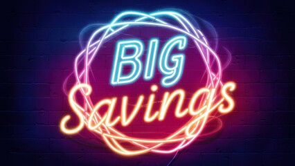 A neon sign that says big savings on a brick wall, AI