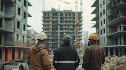 Developers and architects inspecting new construction project on site on a cloudy day
