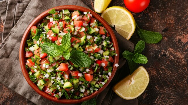 Freshly Made Tabbouleh Salad. Top View of Classic Middle Eastern or Arabic Traditional Salad.