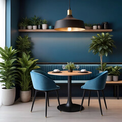 Fototapeta premium Modern and contemporary blue-toned restaurant interiors with plant pots arranged everywhere
