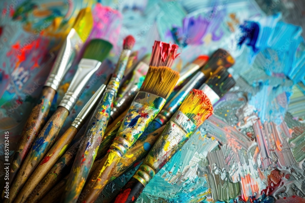 Poster vibrant array of colors and textures on an artist's palette with a collection of paintstained brushe
