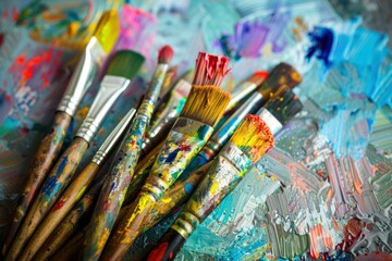 Obraz premium Vibrant array of colors and textures on an artist's palette with a collection of paintstained brushes