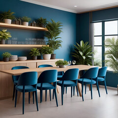 Fototapeta premium Modern and contemporary blue-toned restaurant interiors with plant pots arranged everywhere