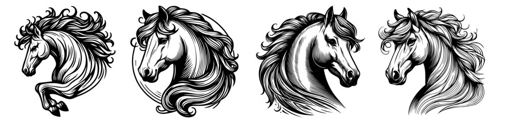 vintage horse portrait sketches in line art black and white vector set