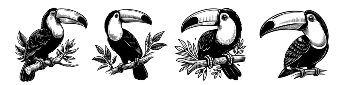 collection of toucan drawings in black and white vector