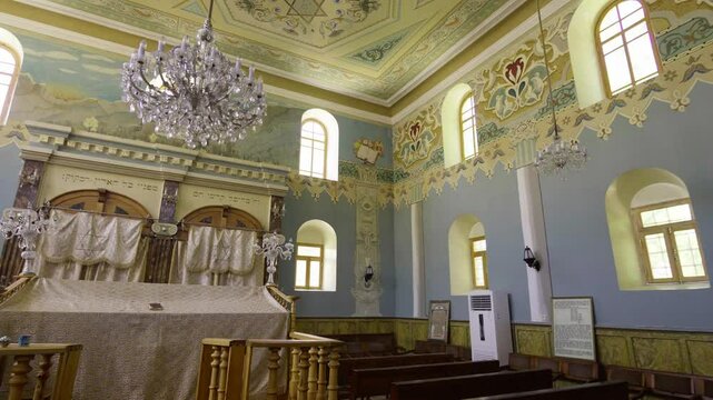 Kutaisi, Georgia - July 3, 2024: Interior of synagogue in Kutaisi, Georgia. Panoramic view of bright and decorated interior of Jewish synagogue