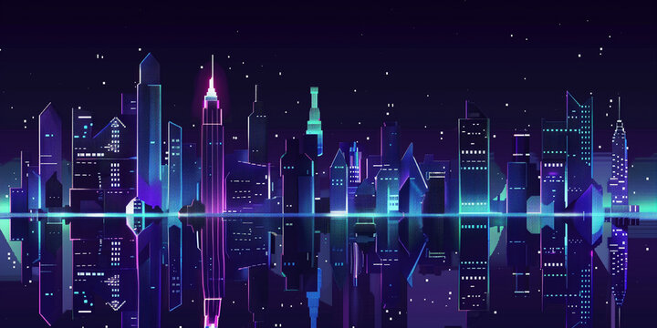 Pixel art retro wave. panorama of big city. wide banner. Space for text. neon cyberpunk digital 8 16 32 64 bit painting. poster, flyer, banner, email, header, social media post. Generative Ai content