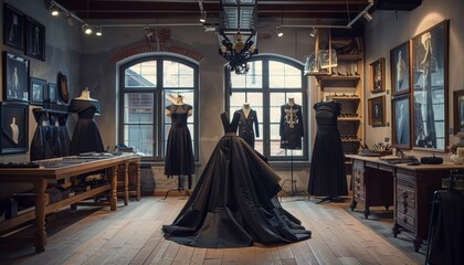 Dynamic women's fashion atelier workshop where skilled tailors create stylish dresses, emphasizing