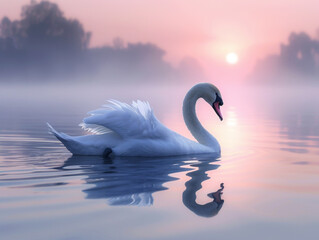 Obraz premium Elegant swan on a tranquil lake at sunset, reflecting calmness and beauty