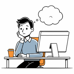 Young Man at Desk Daydreaming and Visualizing Away from Computer Work