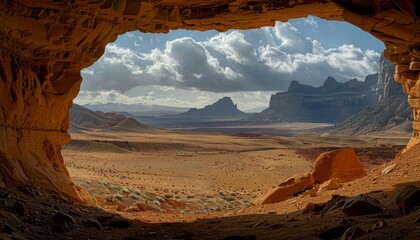 Sandstone cave entrance offers shelter from intense midday sun in desert landscape