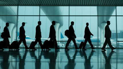 Businessmen walking in airport terminal with luggage