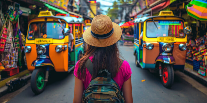 Young tourist woman choosing a tuk tuk taxi in the streets of bangkok