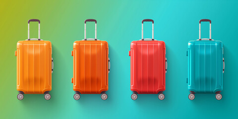 Four suitcases standing on colorful background representing travel and vacation