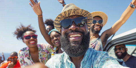 Group of friends having fun taking selfie on road trip