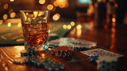 A detailed photograph of a casino gaming table, poker chips scattered and stacked, playing cards in various positions, a glass of whiskey on the side