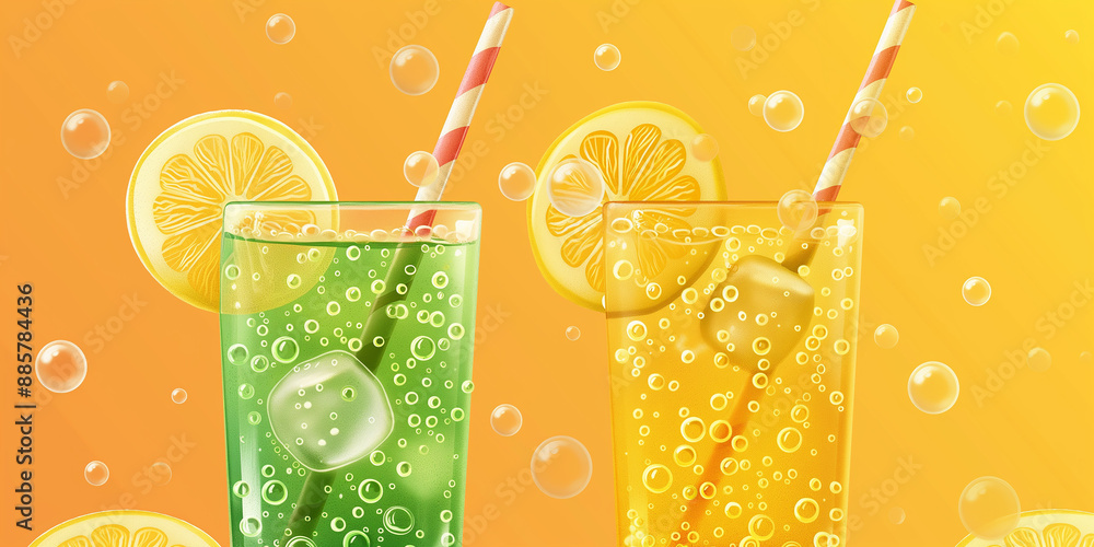 Poster refreshing green and yellow lemonade with straws, ice cubes and lemon slices on orange background
