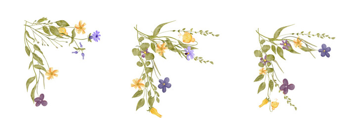Watercolor vector set of wildflower flowers and leaves corner decoration. Suitable for use in invitation, card, etc © swdesain
