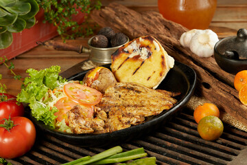 grilled food, on a rustic table for lunch time