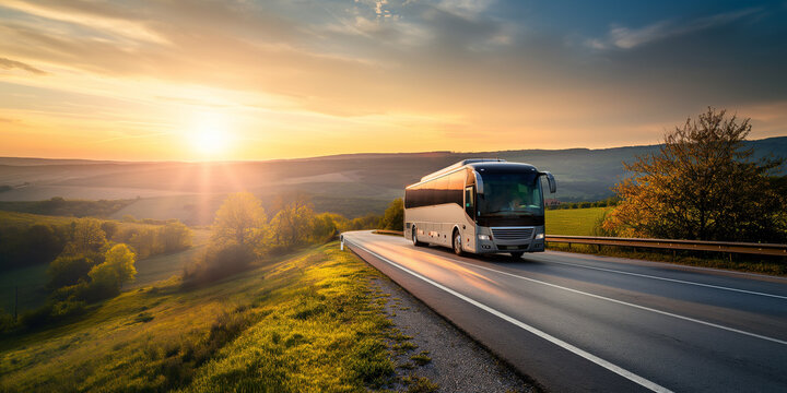 Tour bus driving on country road during golden hour sunset