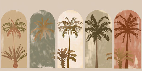 Minimalist illustration featuring five arches showing different palm trees, creating a tropical and warm atmosphere