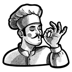 bellissimo gesture chef cook sketch halftone pattern PNG illustration. Scratch board imitation. Black and white hand drawn image. © Oleksandr Pokusai