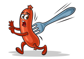 fork stuck in running cartoon sausage op art retro PNG illustration. Comic book style imitation.