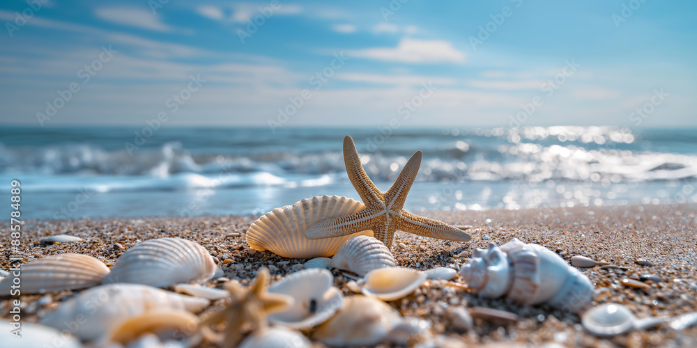 Poster starfish resting on seashells on the beach with ocean waves in the background