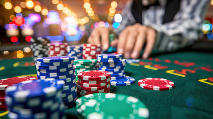 Naklejka premium A photograph of a bustling casino table, close-up of poker chips and playing cards, stacks of chips in different colors, dealer's hands in motion