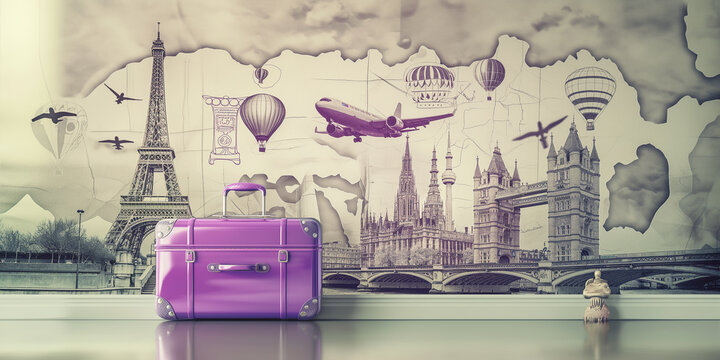 Purple suitcase standing in room with european destinations on wall - Powered by Adobe