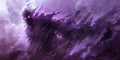 Fototapeta premium Terrifying shadowy monster with glowing eyes emerges from swirling purple mist, evoking Halloween horror and dark fantasy themes, ominous atmosphere. Copy space