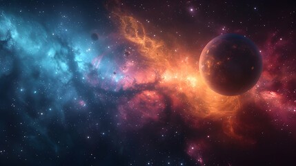  A solar planet surrounded by colorful cosmic dust and twinkling stars