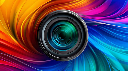 Fototapeta premium Abstract bright colorful spiral background with photographic lens, camera lens