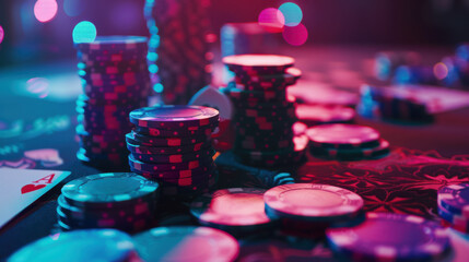 A photograph of a vibrant casino gaming table, poker chips of various colors stacked, playing cards spread out, lively atmosphere