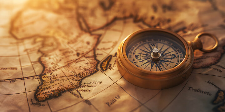 Antique compass lying on an old map showing africa - Powered by Adobe