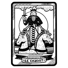 Fototapeta premium Tarot playing card chariot sketch engraving PNG illustration. T-shirt apparel print design. Scratch board imitation. Black and white hand drawn image.