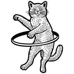 cat spins a hula hoop ring workout sketch engraving PNG illustration. Scratch board imitation. Black and white hand drawn image.