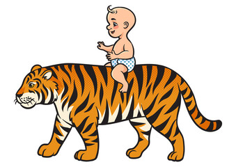 baby child riding tiger pinup pop art retro PNG illustration. Comic book style imitation.