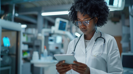 A doctor in a white coat and stethoscope reviews patient information on a tablet in a modern medical facility.
