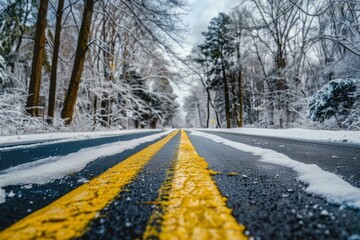 Low angle view of a snowcovered road with vibrant yellow lines leading through a wintery forest