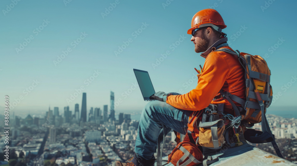 Poster construction worker using a laptop while sitting on a skyscraper, symbolizing modern technology in c