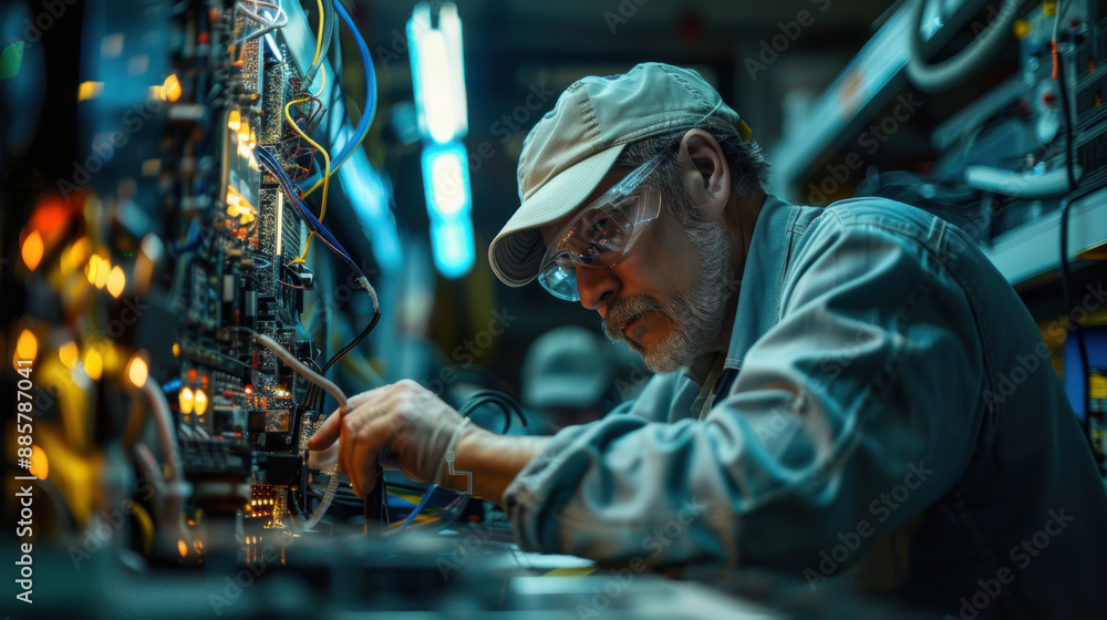 Aufkleber an engineer meticulously works on a complex circuit board in a dimly lit environment, surrounded by 