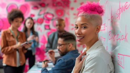 Fototapeta premium a portrait of a lesbian business woman using a whiteboard to outline business plans while her team members take notes and ask questions, Working, Non-Binary Gender, LGBTQ People, O