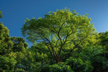 Obraz premium A big tree stands tall in a dense green forest, perfect for nature and outdoor themes