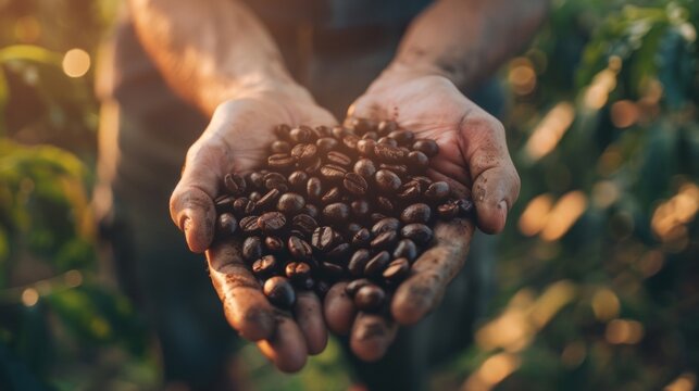 hands of a peasant man with coffee beans