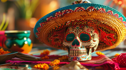 dia de los muertos skull with mexican hat