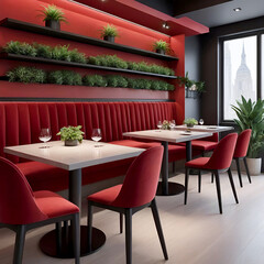 Obraz premium Modern and modern red-toned restaurant interiors with plant pots everywhere