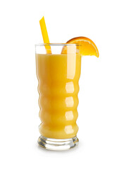 Glass of healthy orange juice on white background
