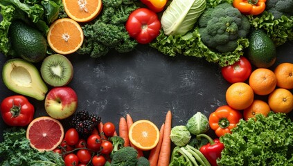Colorful array of fresh fruits and vegetables with copy space